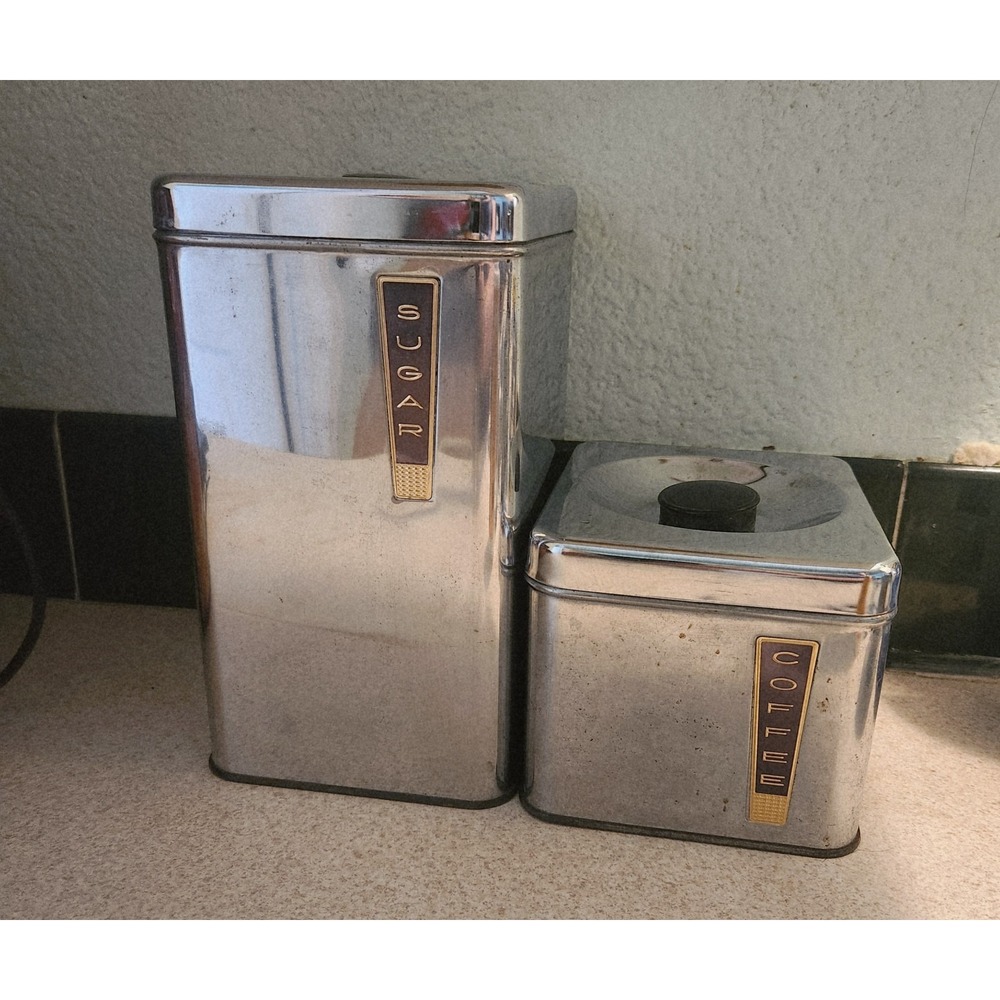 VTG Lincoln BeautyWare Chrome Canister Set of 2 Sugar Coffee 1950s‎ Atomic MCM